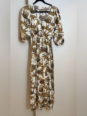 Cream Leopard-Print Maxi Dress with Elastic Waist‎